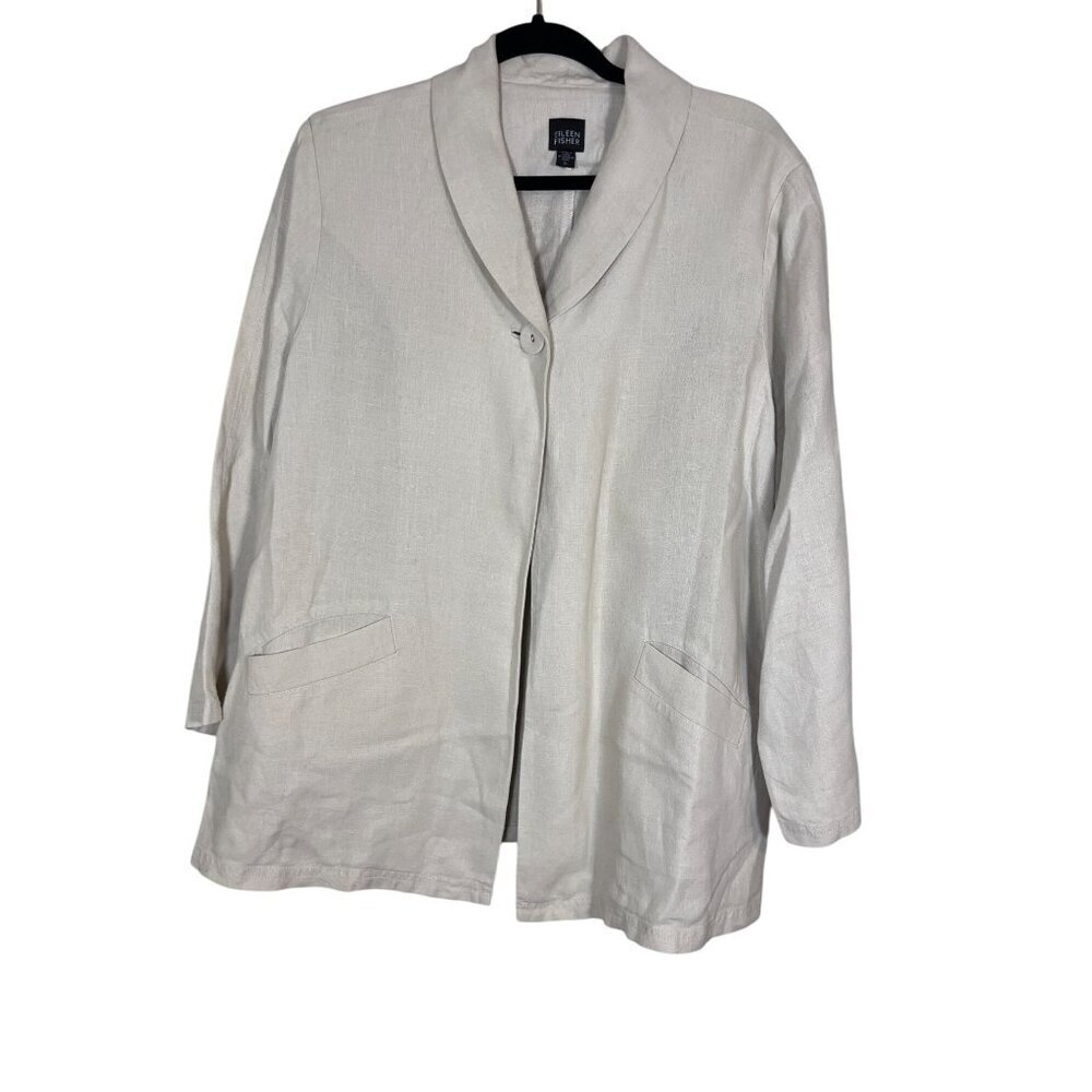 Eileen Fisher Irish Linen Jacket XL Tan High Collar Relaxed Natural Breathable‎